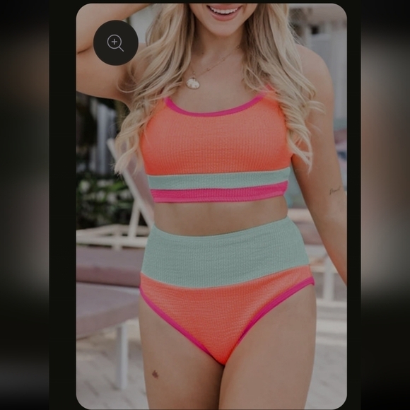 87th Street Boutique Textured Grapefruit Orange Color Block High Waisted Sexy Bi - Picture 1 of 7